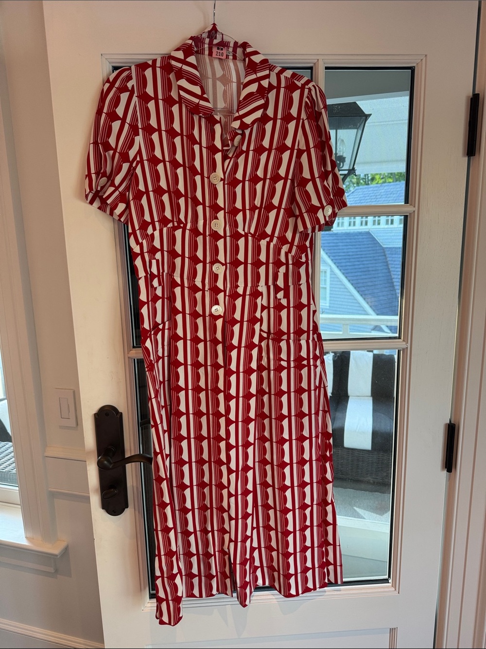 Miu Miu Red and White Geometric Button-Front Dress